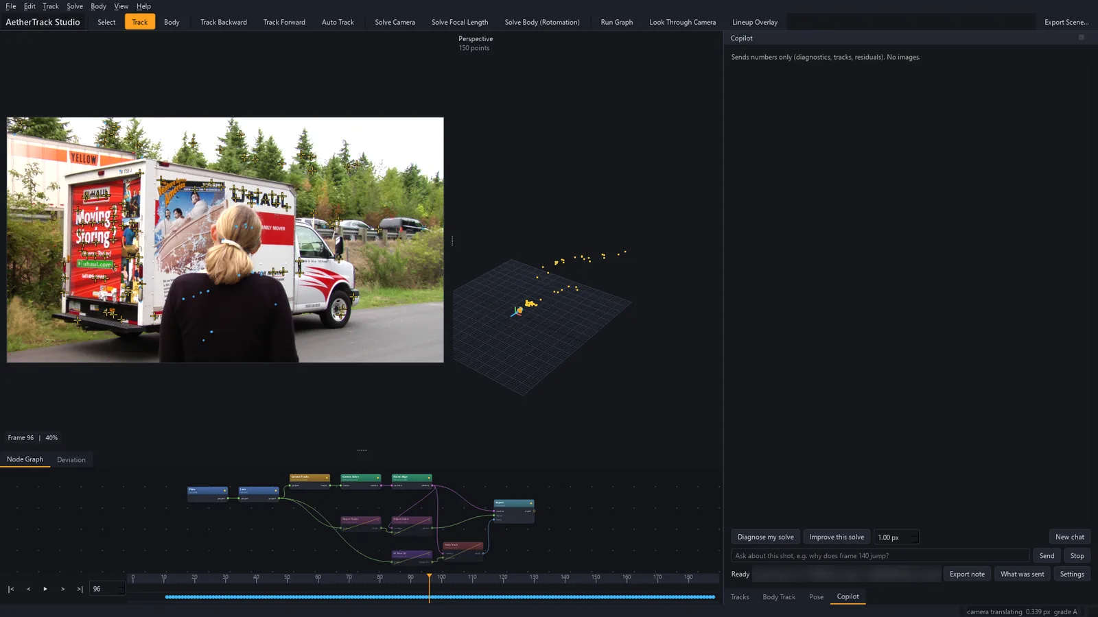 AetherTrack Studio early alpha: tracked plate, 3D point cloud, node graph and the Copilot panel with Diagnose my solve and Improve this solve