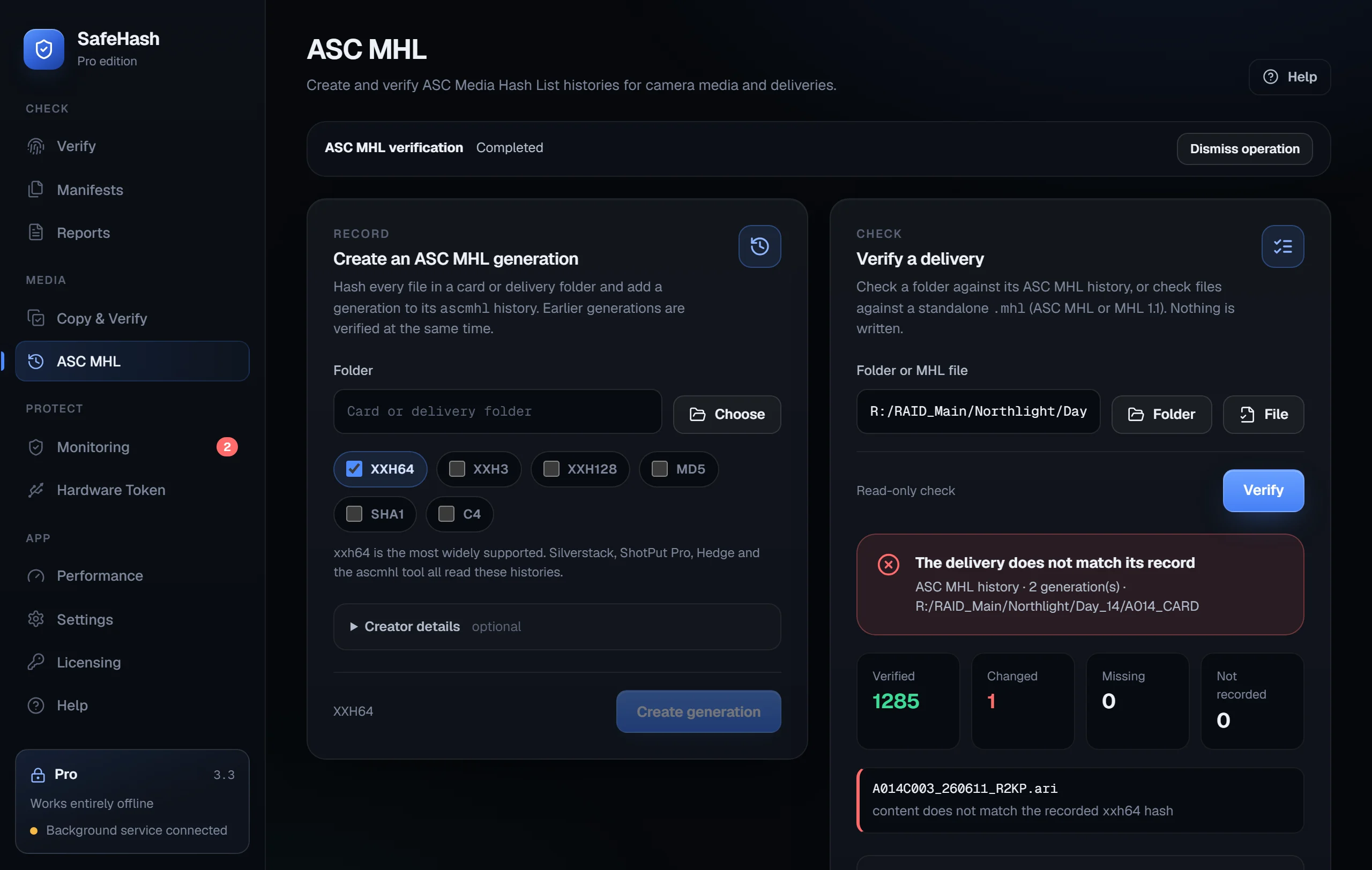 ASC MHL verification showing 1285 verified files and one changed camera file