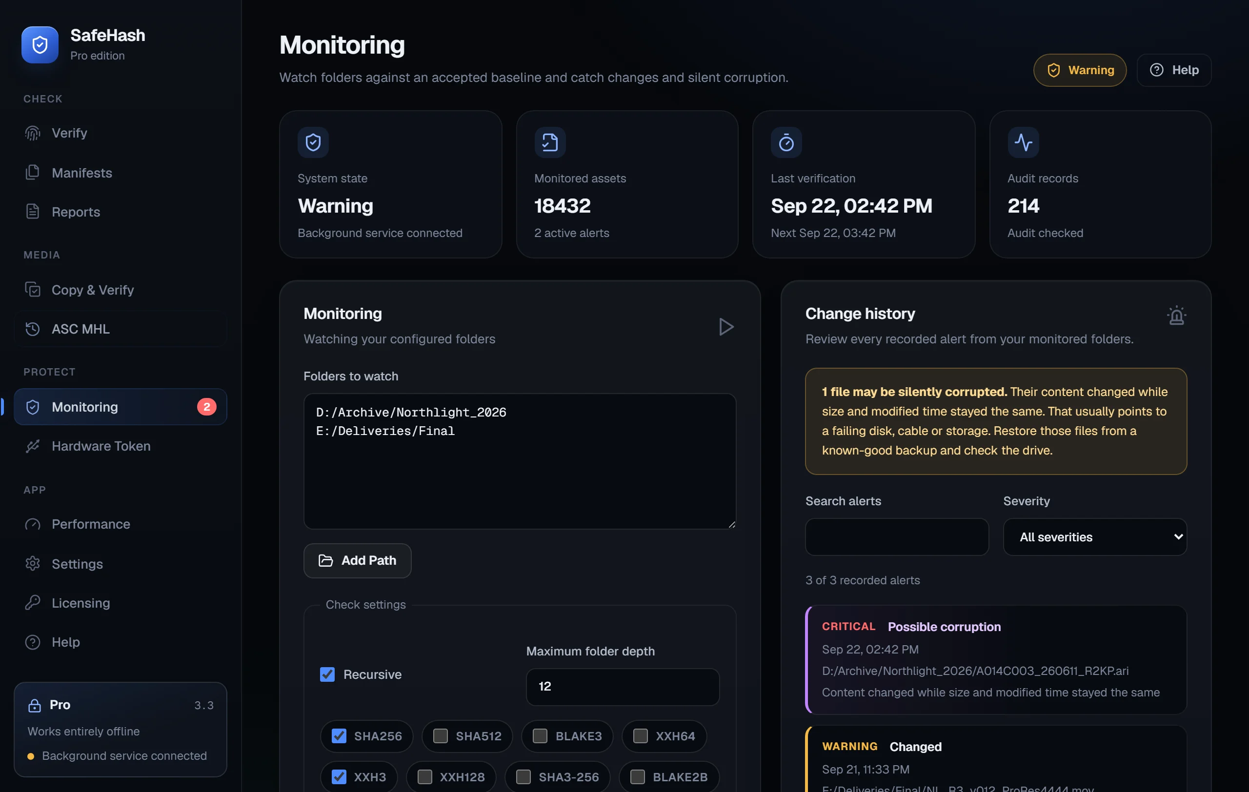 Monitoring screen with two watched folders and a Possible corruption alert in the change history
