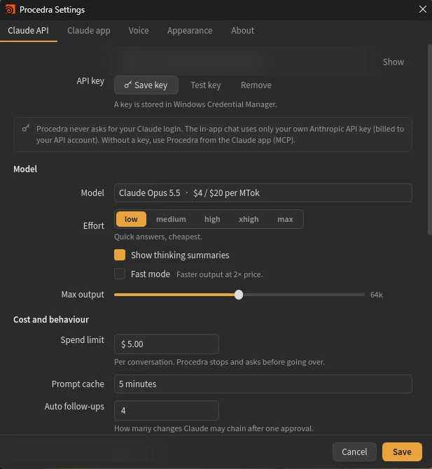 Procedra settings: model, effort, thinking summaries, fast mode, max output