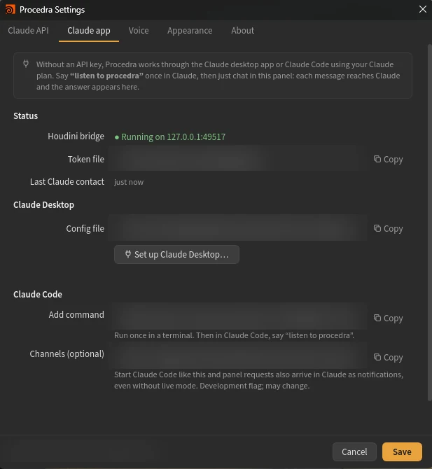 Procedra settings: Claude app connection status and one-click Claude Desktop setup