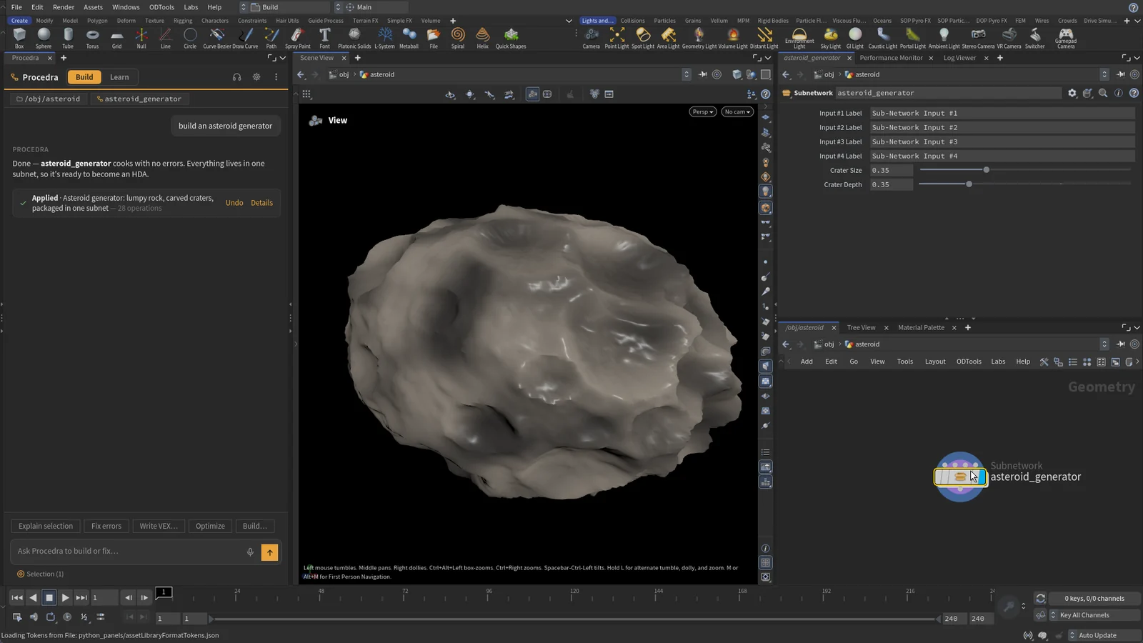 A procedural asteroid generator Procedra built from one sentence, cooked with no errors