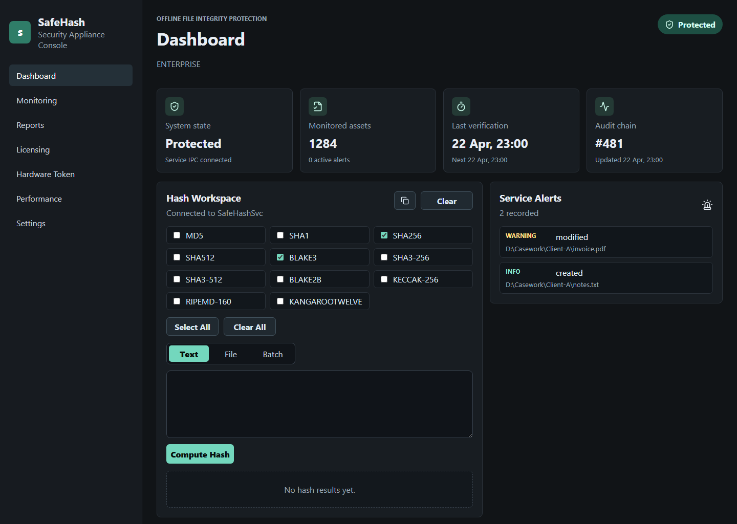 SafeHash appliance dashboard