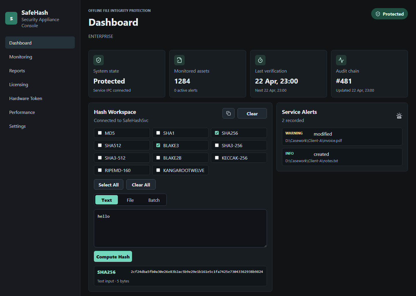 SafeHash dashboard and hashing workspace with algorithm choices and text hashing result.
