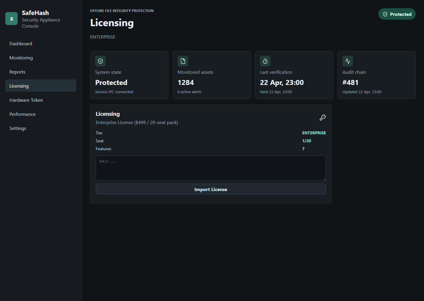 SafeHash licensing tab showing enterprise license state and import license button.
