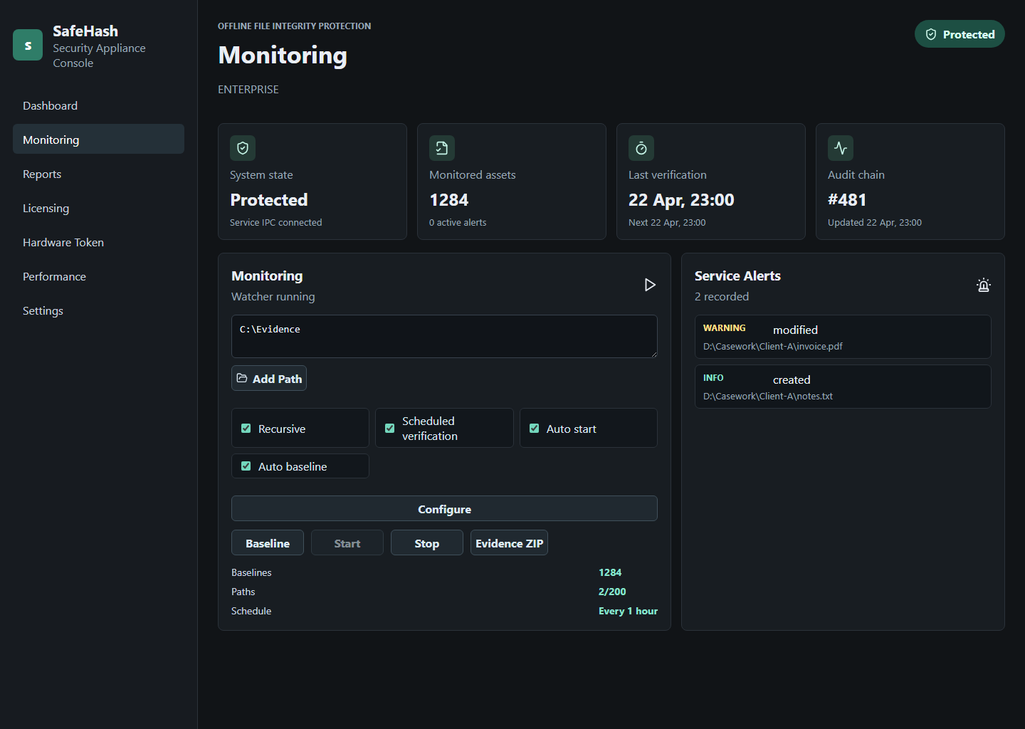 SafeHash monitoring tab showing baseline controls, schedule, and service alerts.