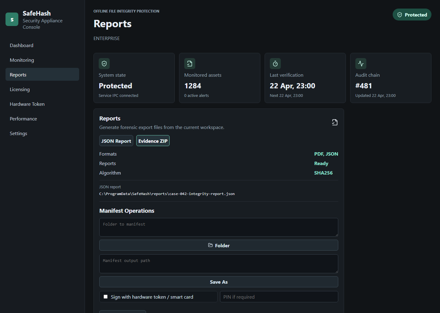SafeHash reports tab with JSON report, evidence ZIP, manifest operations, and hardware signing option.