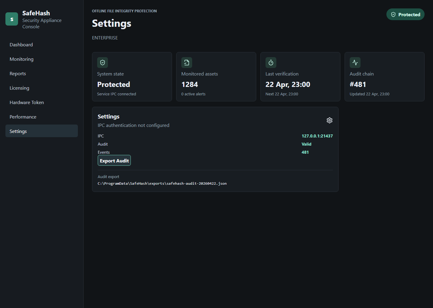 SafeHash settings tab showing IPC security, audit state, and audit export.