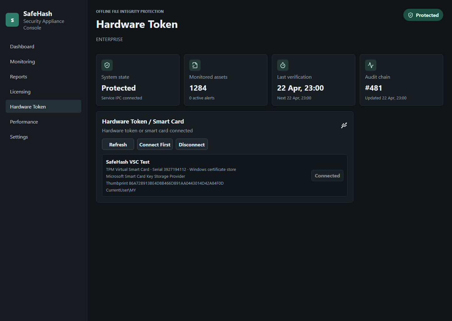 SafeHash Hardware Token tab showing a TPM virtual smart card certificate and provider details.